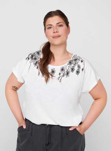 Cotton t-shirt with print details, Bright White FLOWER, Model image number 0