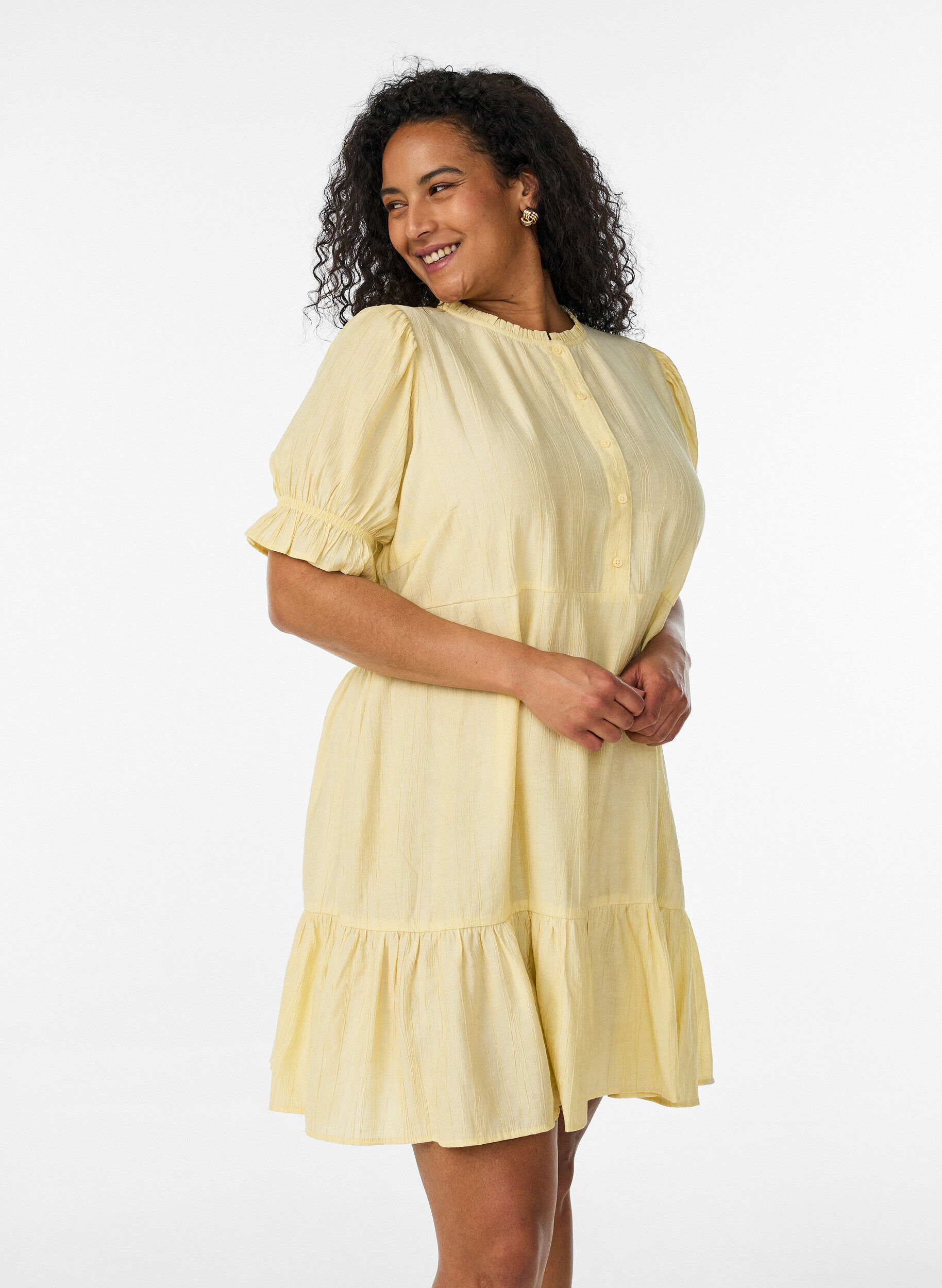 Zizzifashion Short viscose dress with ruffle details, Yellow, Model image number 0