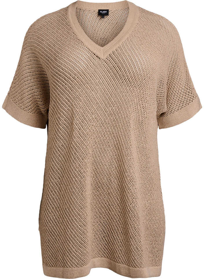 FLASH - Short-sleeved knitted blouse with v-neck, Beige, Packshot image number 0