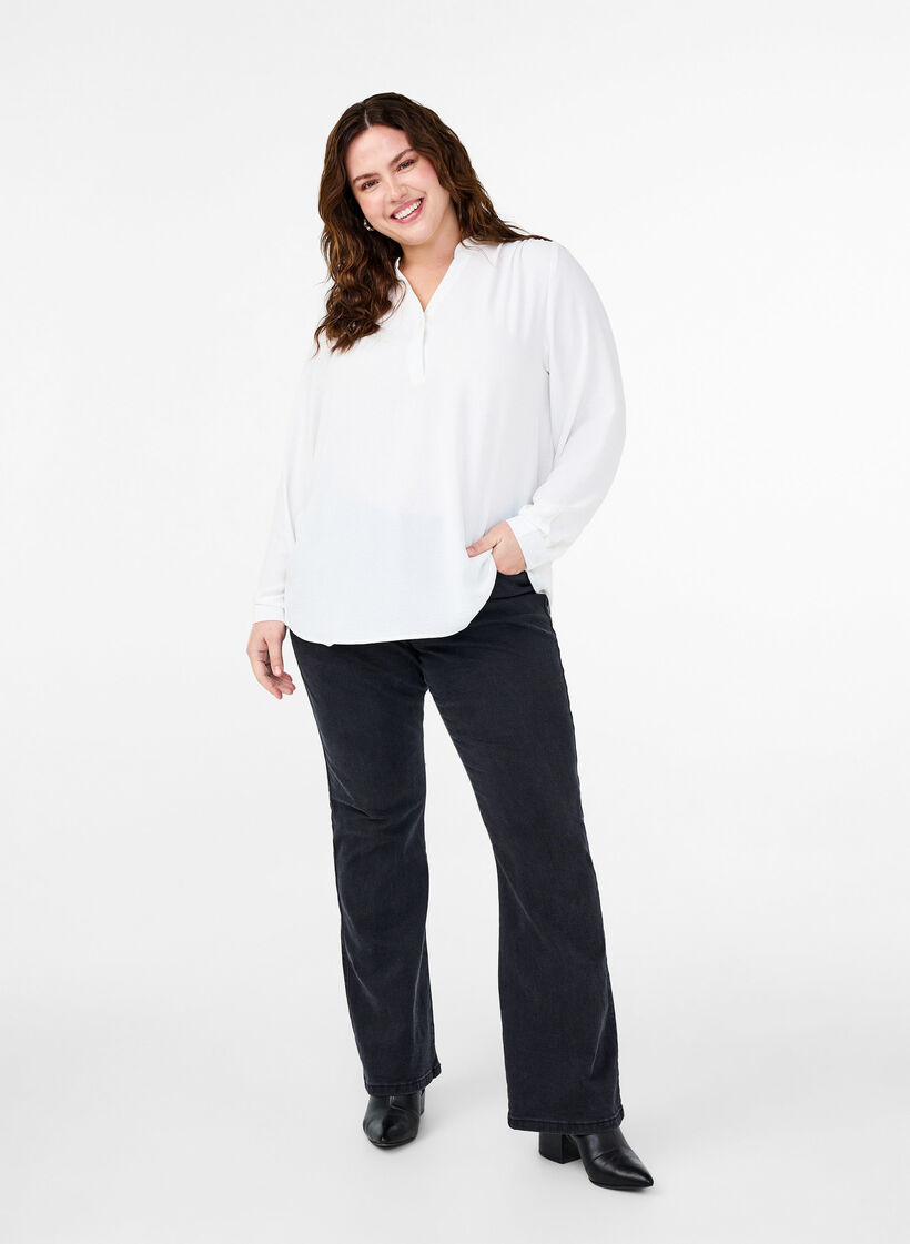 Long-sleeved shirt blouse with V-neck, Bright White, Model image number 2
