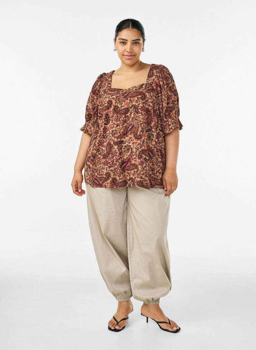 Viscose blouse with paisley print and a square neckline, Brown, Model image number 1