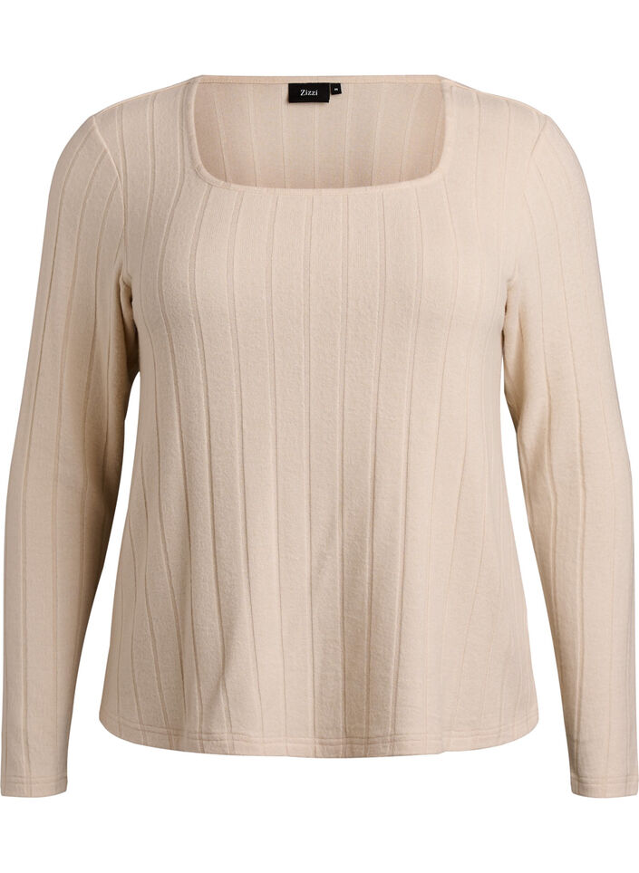 Jersey blouse with a square neck and ribbed texture, Beige, Packshot image number 0