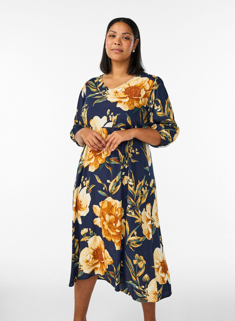 Midi dress with floral print and 3/4 sleeves, Blue, Model image number 0