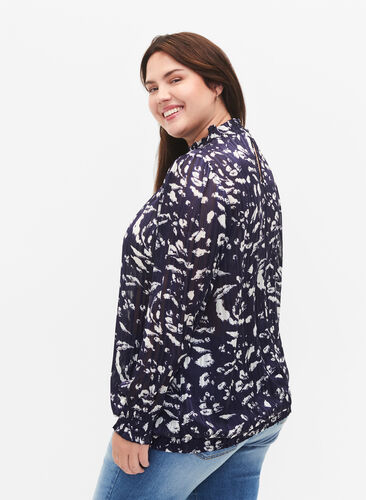 Printed blouse with smock, Blue Leaf AOP, Model image number 1