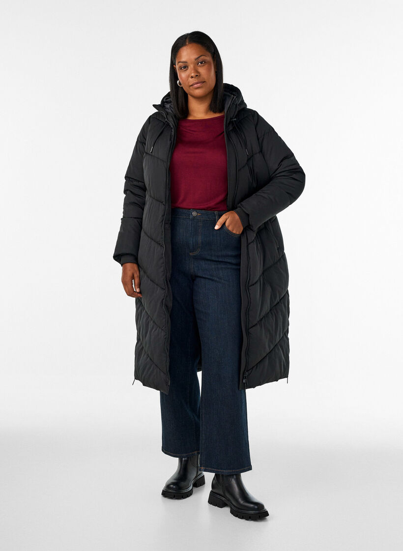 Long puffer coat with hood and pockets, Black, Model image number 1