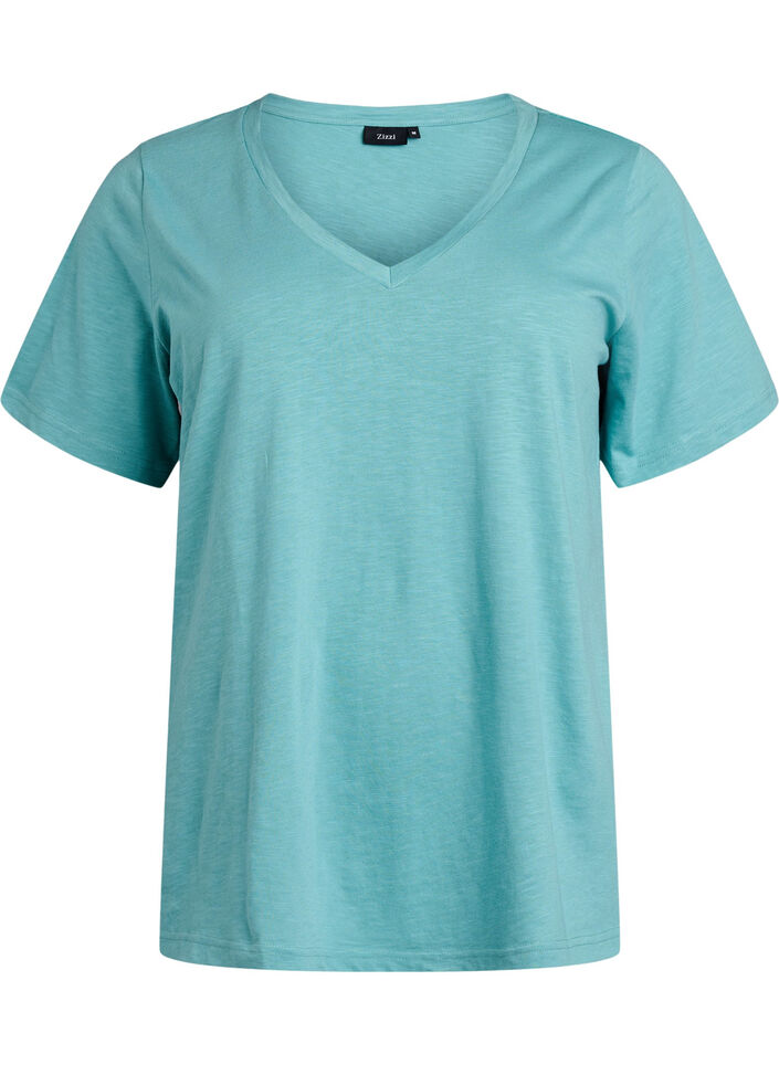 Short sleeve basic t-shirt with v-neck, Green, Packshot image number 0
