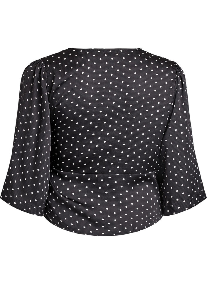 Polka dot blouse with tie-fastening and 3/4-sleeves, Black, Packshot image number 1