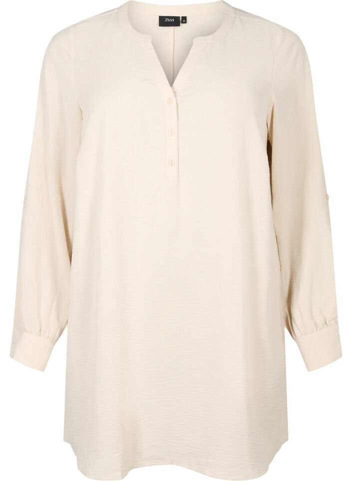 Solid color tunic with v-neck and buttons, Warm Off-white, Packshot image number 0