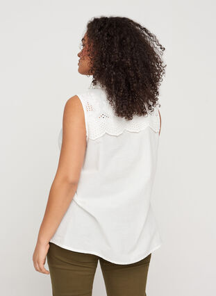 Sleeveless cotton shirt with broderie anglaise, Bright White, Model image number 1