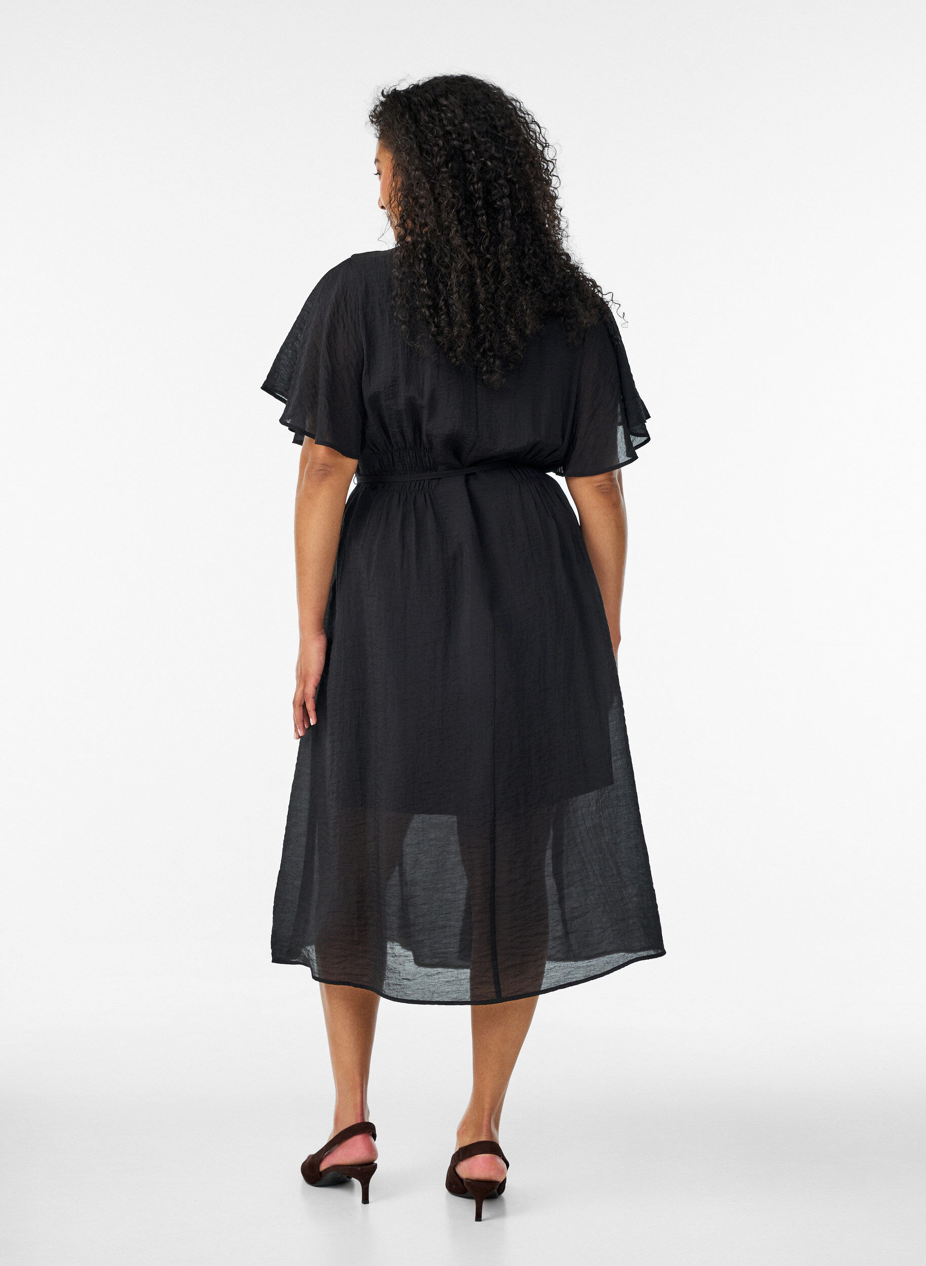 Zizzifashion Ankle-length dress with flutter sleeves and tie-waist, Black, Model image number 1