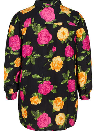 Floral viscose shirt with smocking, Black Flower AOP, Packshot image number 1