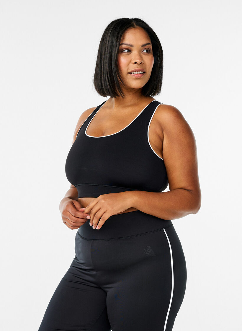 Racerback sports bra with contrast piping, Black, Model image number 0