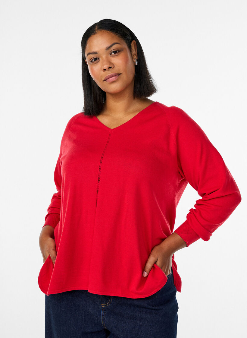 Fine-knit blouse with v-neck and front detail, Red, Model image number 0