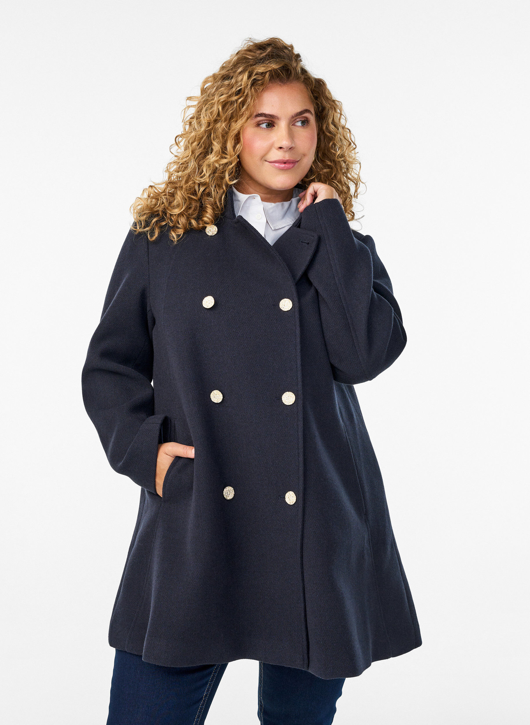 A-line coat with gold buttons, Blue, Model