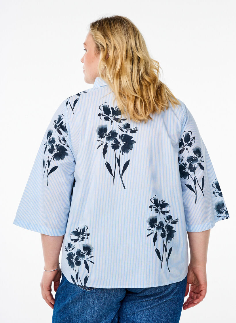 Striped shirt with floral print and 3/4 sleeves, Light Blue, Model image number 2