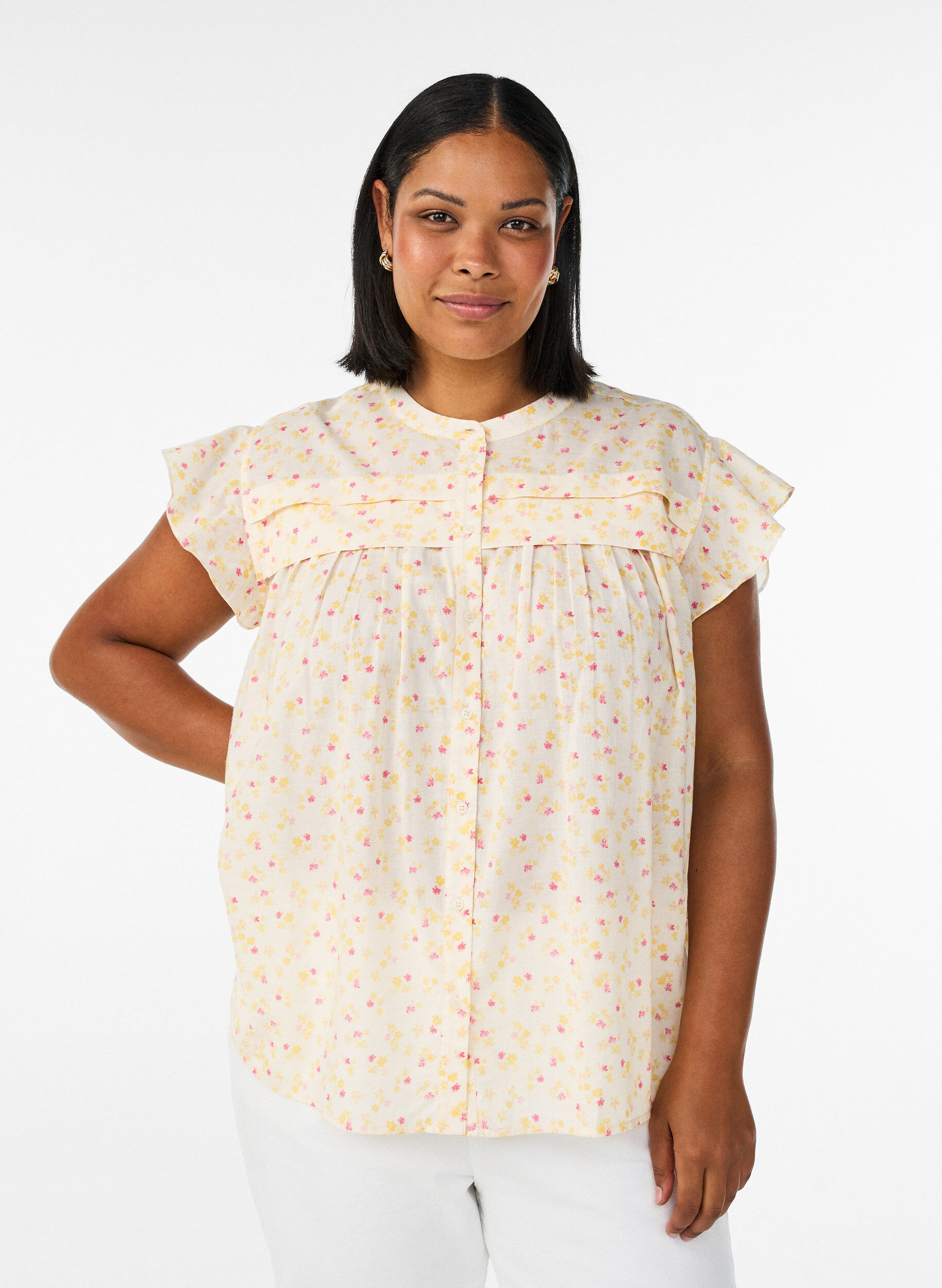 Zizzifashion Sleeveless A-line cotton shirt blouse, Yellow, Model image number 0