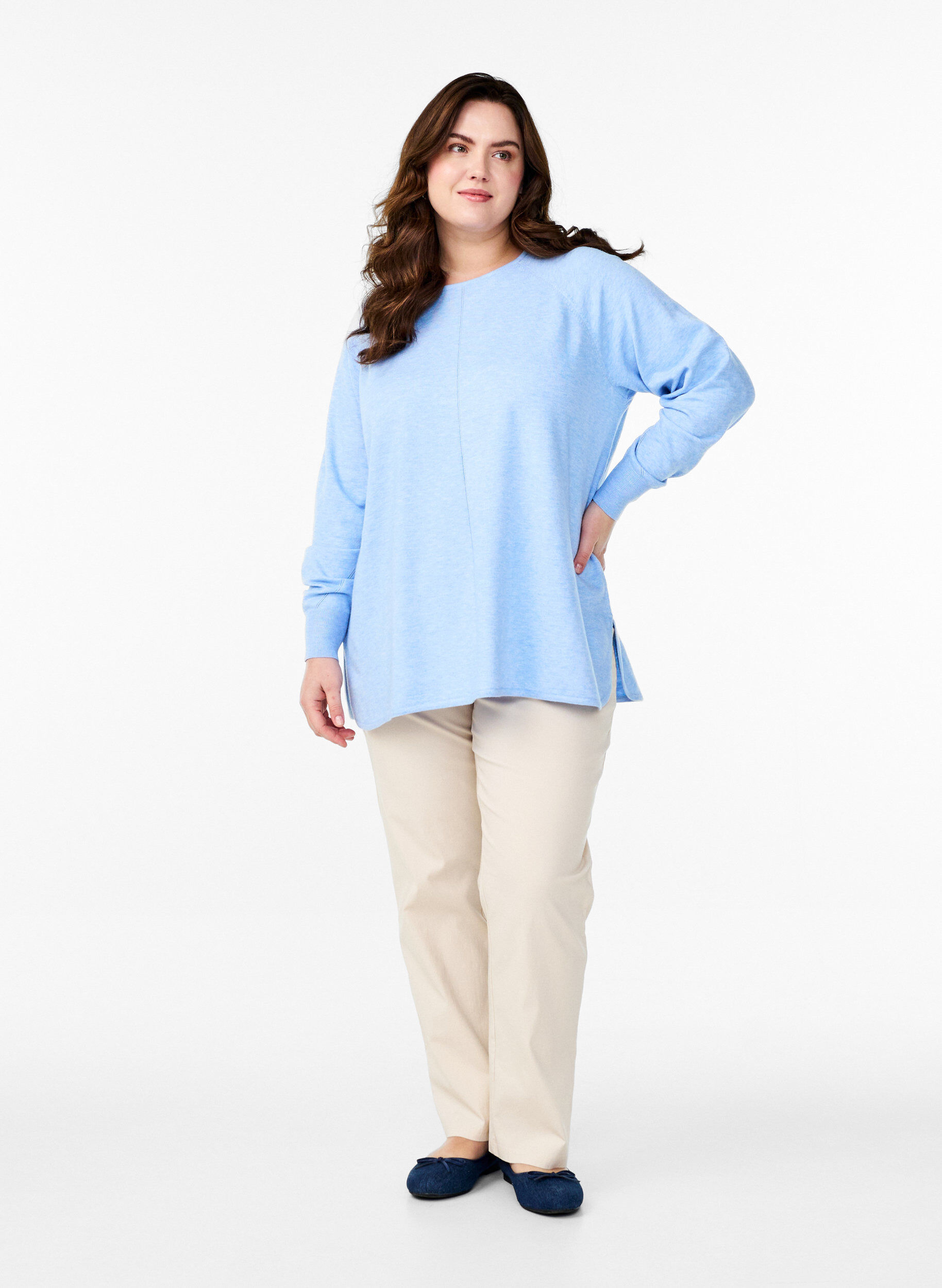 Zizzifashion Knit blouse with round neck and knitted pattern, Light Blue, Model image number 1