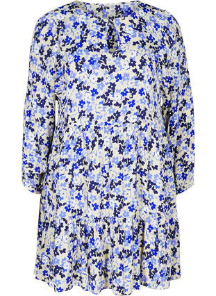 Floral viscose tunic with 3/4 sleeves, Blue Flower AOP, Packshot image number 0