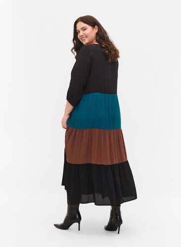 Viscose dress with colorblock pattern, Brown Green Block, Model image number 1