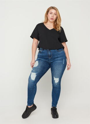 High-waisted Amy jeans with distressed look, Blue denim, Model image number 0