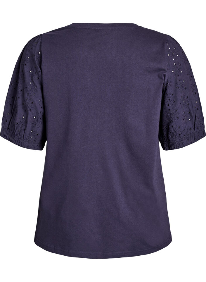 T-shirt with broderie anglaise sleeves, Blue, Packshot image number 1