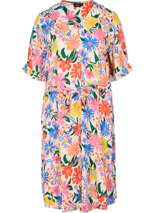 Printed short-sleeved midi dress, Crystal G flower AOP, Packshot image number 0