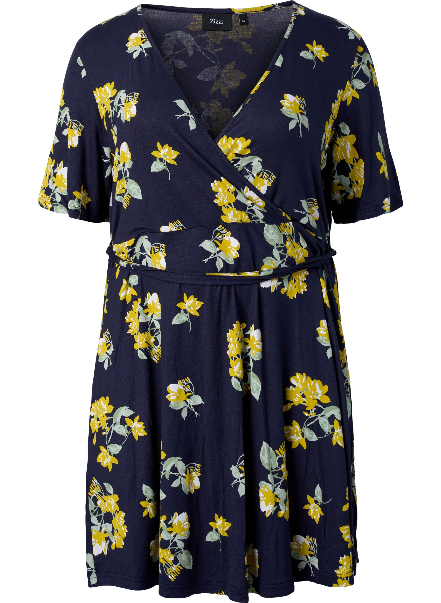 Zizzifashion Wrap dress in viscose with short sleeves, Night Sky AOP Flower, Packshot image number 0