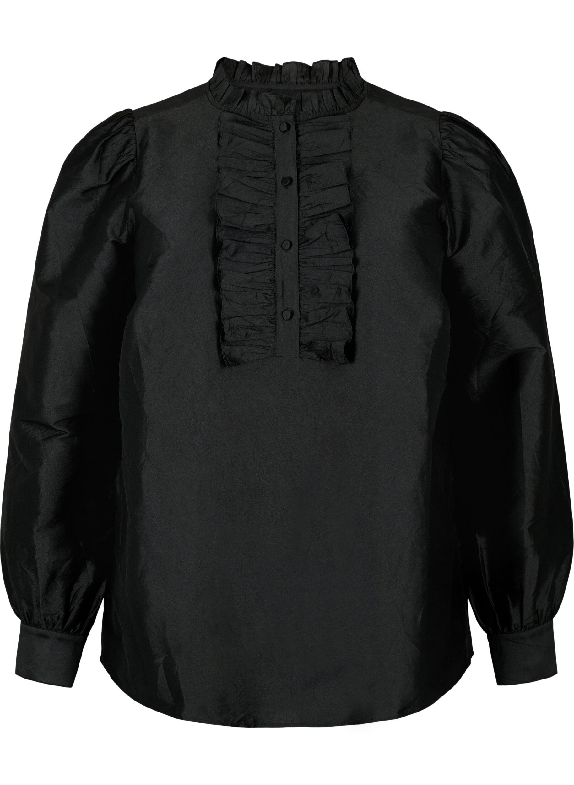 Zizzifashion Shiny shirt blouse with ruffles, Black, Packshot image number 0