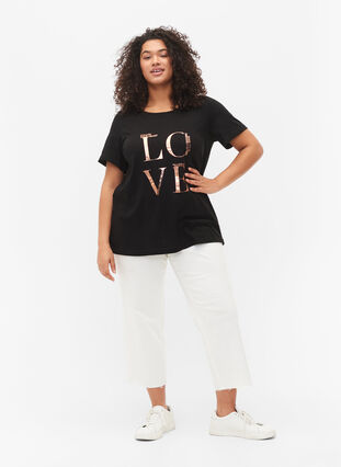 	 Short sleeve cotton t-shirt with print, Black W. Love , Model image number 3