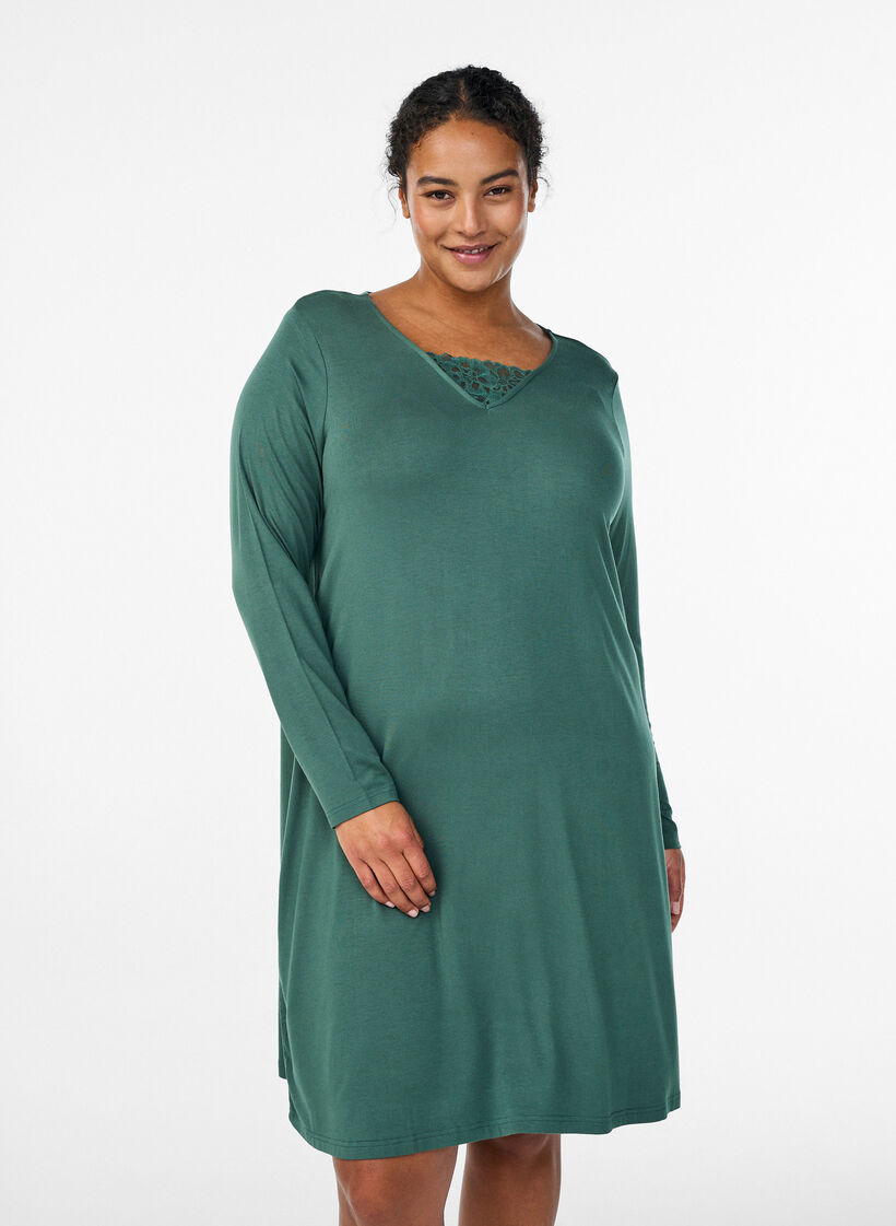 Long-sleeved nightgown with lace insert and V-neck, Green, Model image number 0