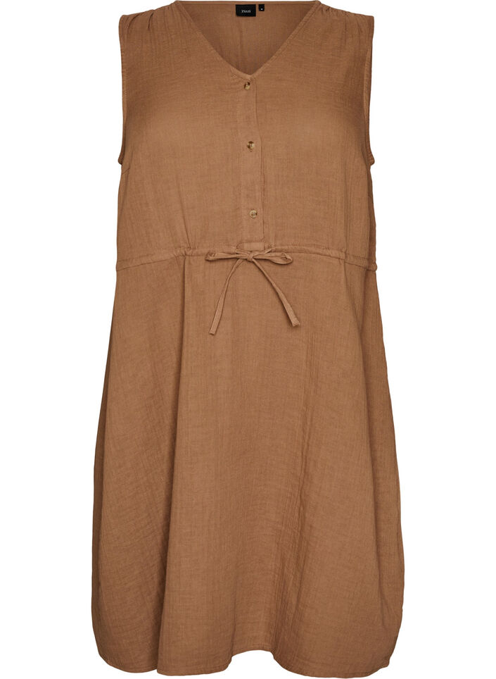 Sleeveless cotton muslin dress with tie string, Brown, Packshot image number 0