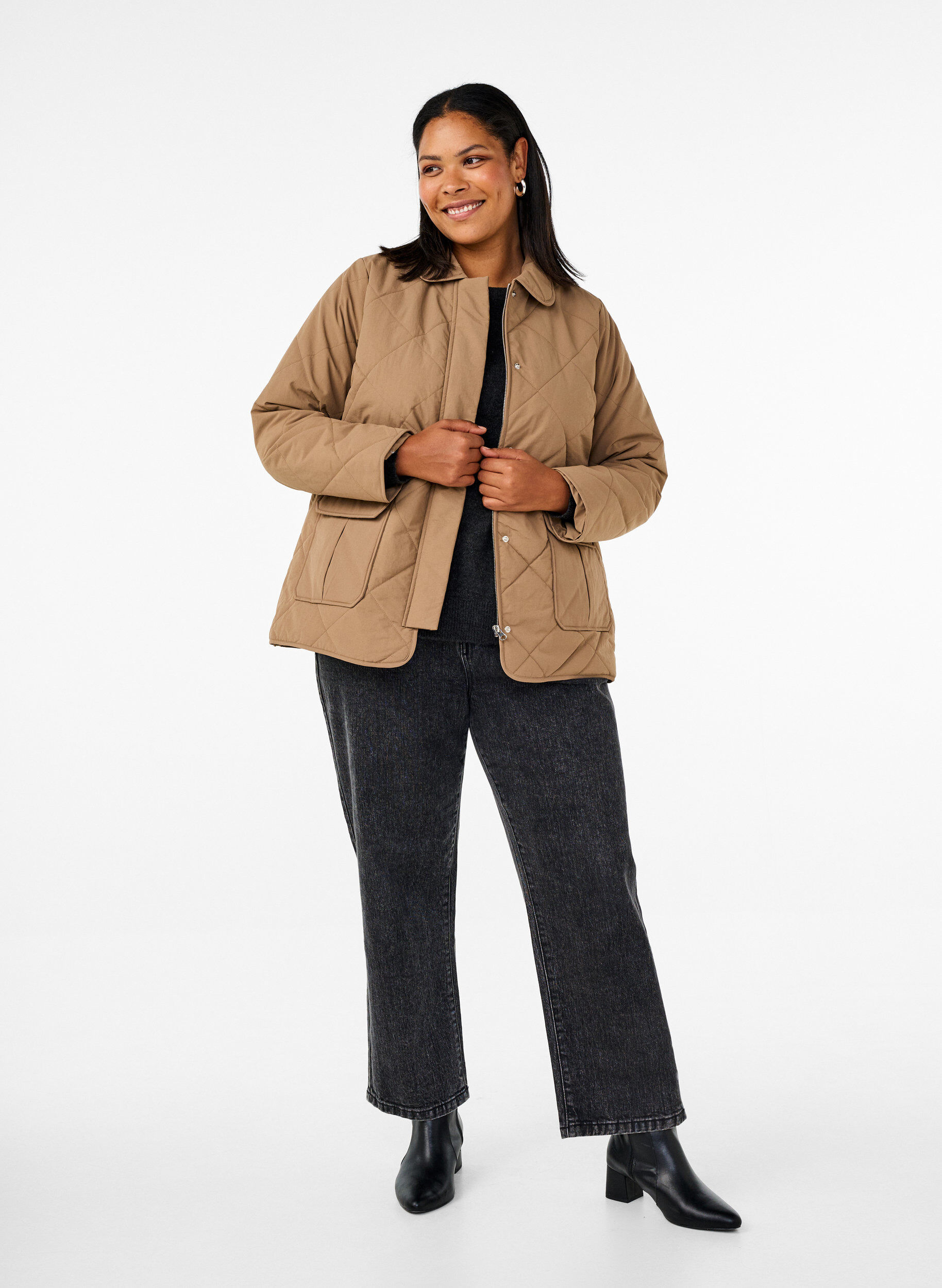 Zizzifashion Quilted jacket with collar and pockets, Brown, Model image number 1