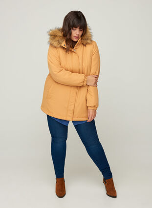 Jacket with a fake fur collar and drawstring waist, Spruce Yellow, Model image number 3