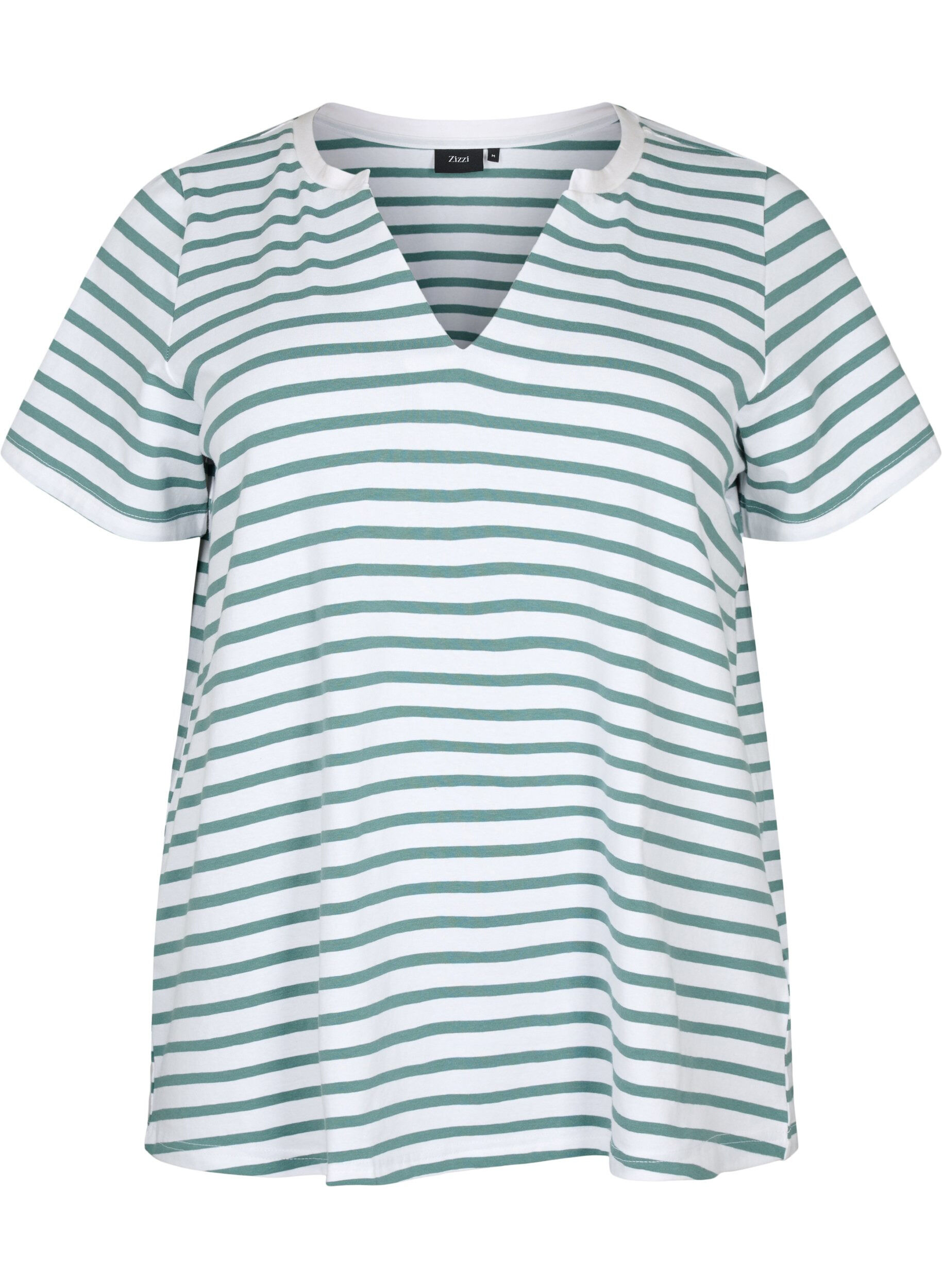 Zizzifashion Cotton t-shirt with stripes and v-neck, B.White/SeaP.Stripes, Packshot image number 0