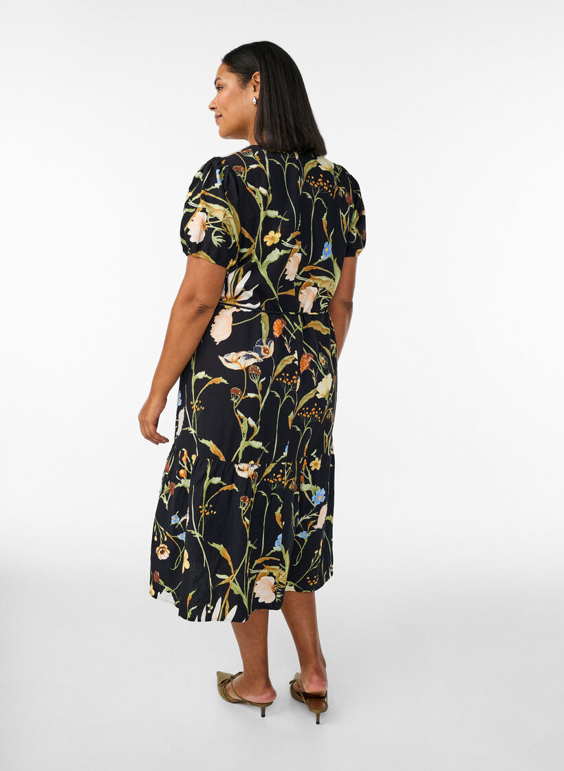 Midi dress with floral print and tie-belt, Black, Model image number 2