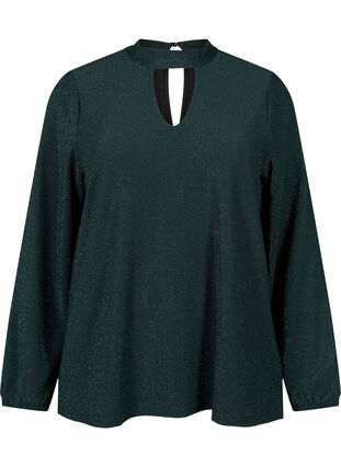 Long-sleeved glitter blouse with round neck and V-detail, Black Scarab, Packshot image number 0