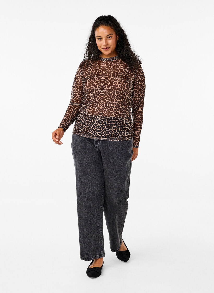 Mesh blouse with leopard pattern, Brown, Model image number 1