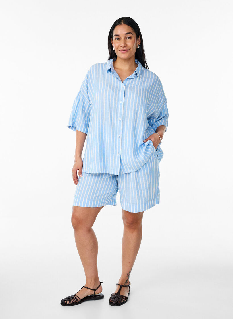 Striped shirt in linen and viscose, Light Blue, Model image number 1