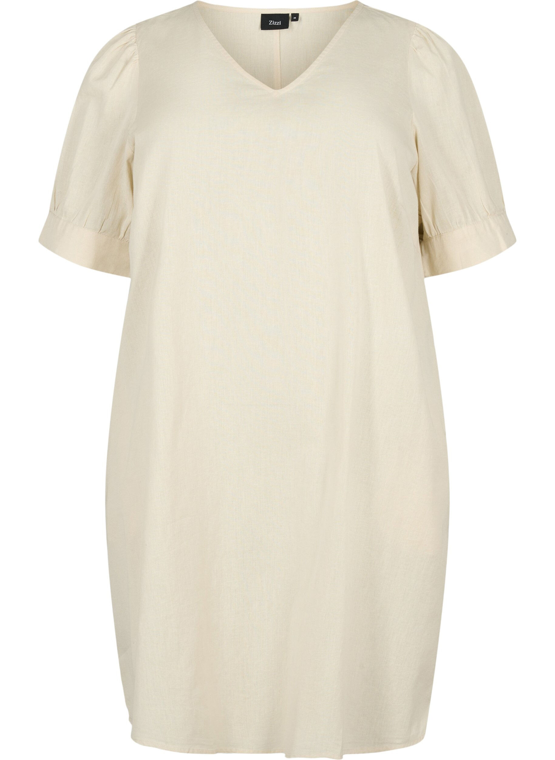 Zizzifashion V-neck dress in cotton blend with linen, Sandshell, Packshot image number 0