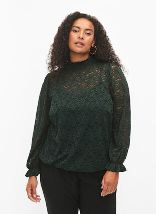 Long-sleeved lace blouse with smock, Scarab, Model image number 0