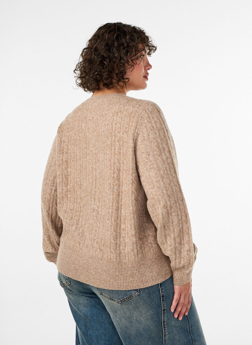Cable knit cardigan with pearl buttons, Beige, Model image number 2