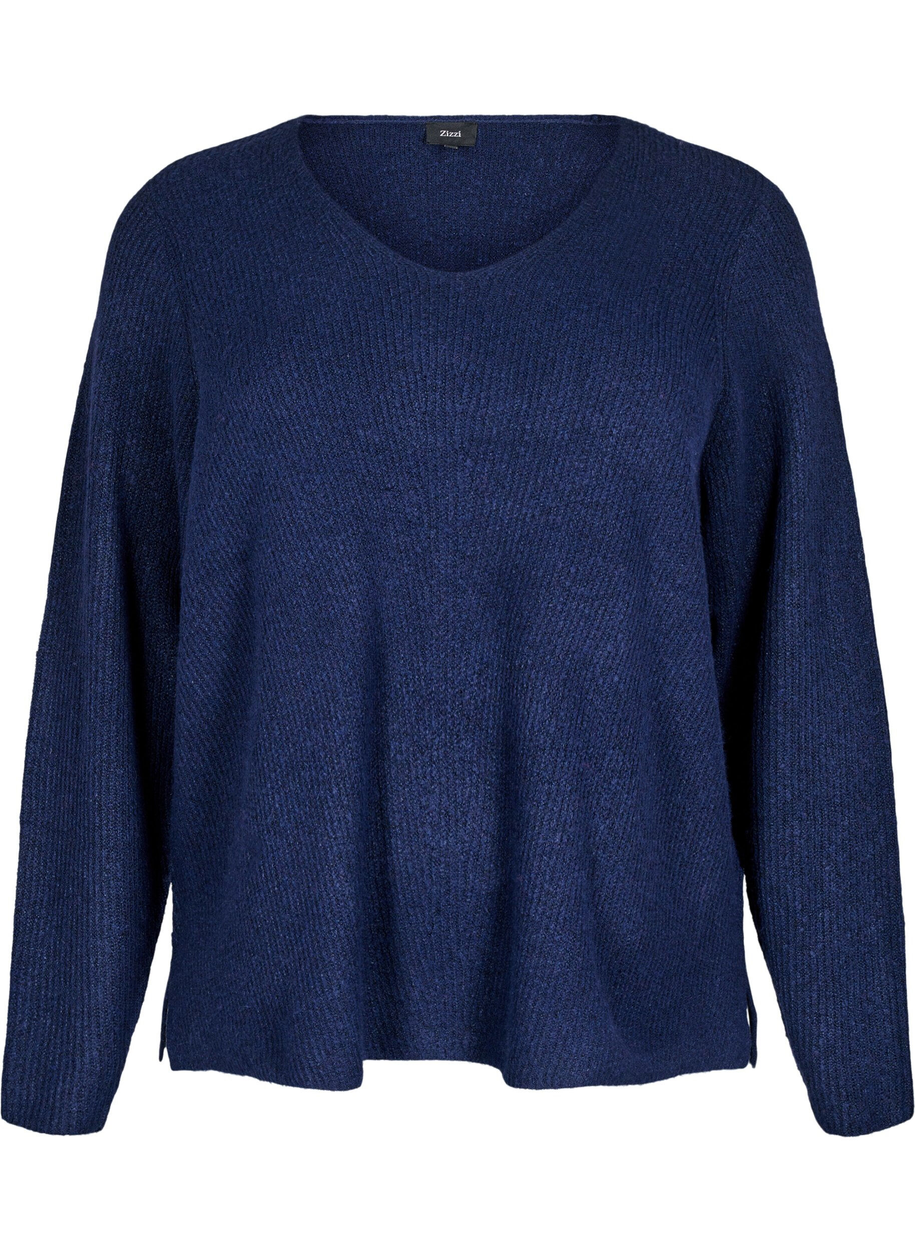Zizzifashion Knitted blouse with v-neck and long sleeves, Naval A. Black Mel., Packshot image number 0