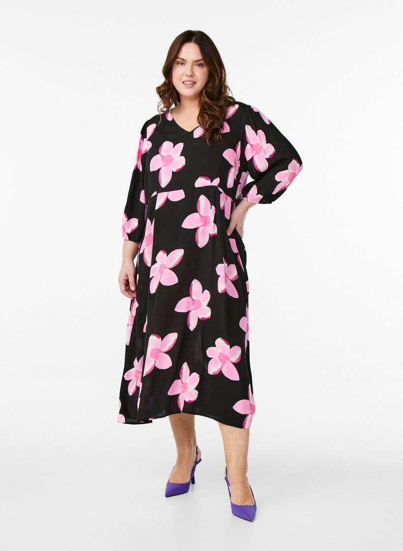 Midi dress with floral print and 3/4 sleeves, Black, Model image number 1