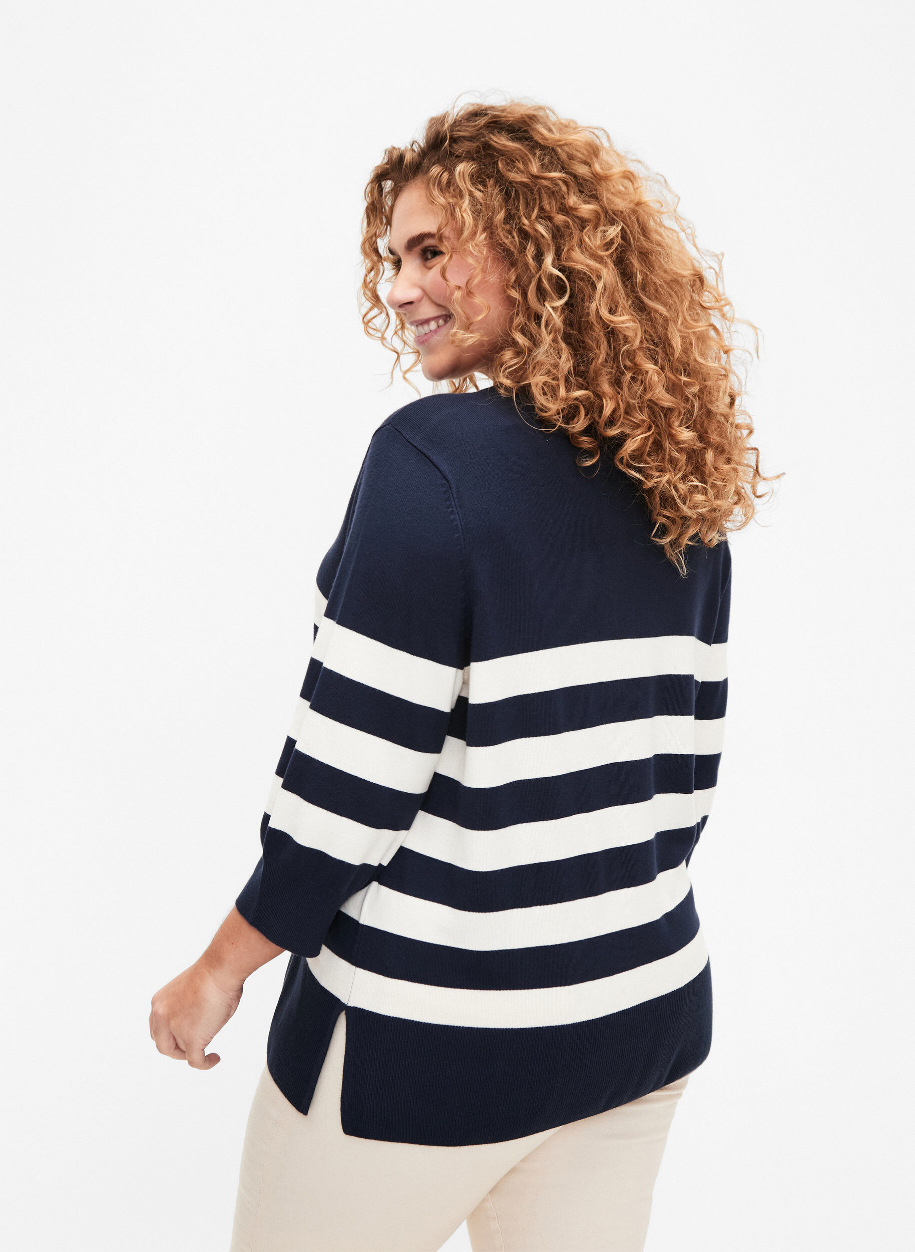 Zizzifashion Striped viscose pullover with 3/4 sleeves, Navy Blazer/Birch, Model image number 1