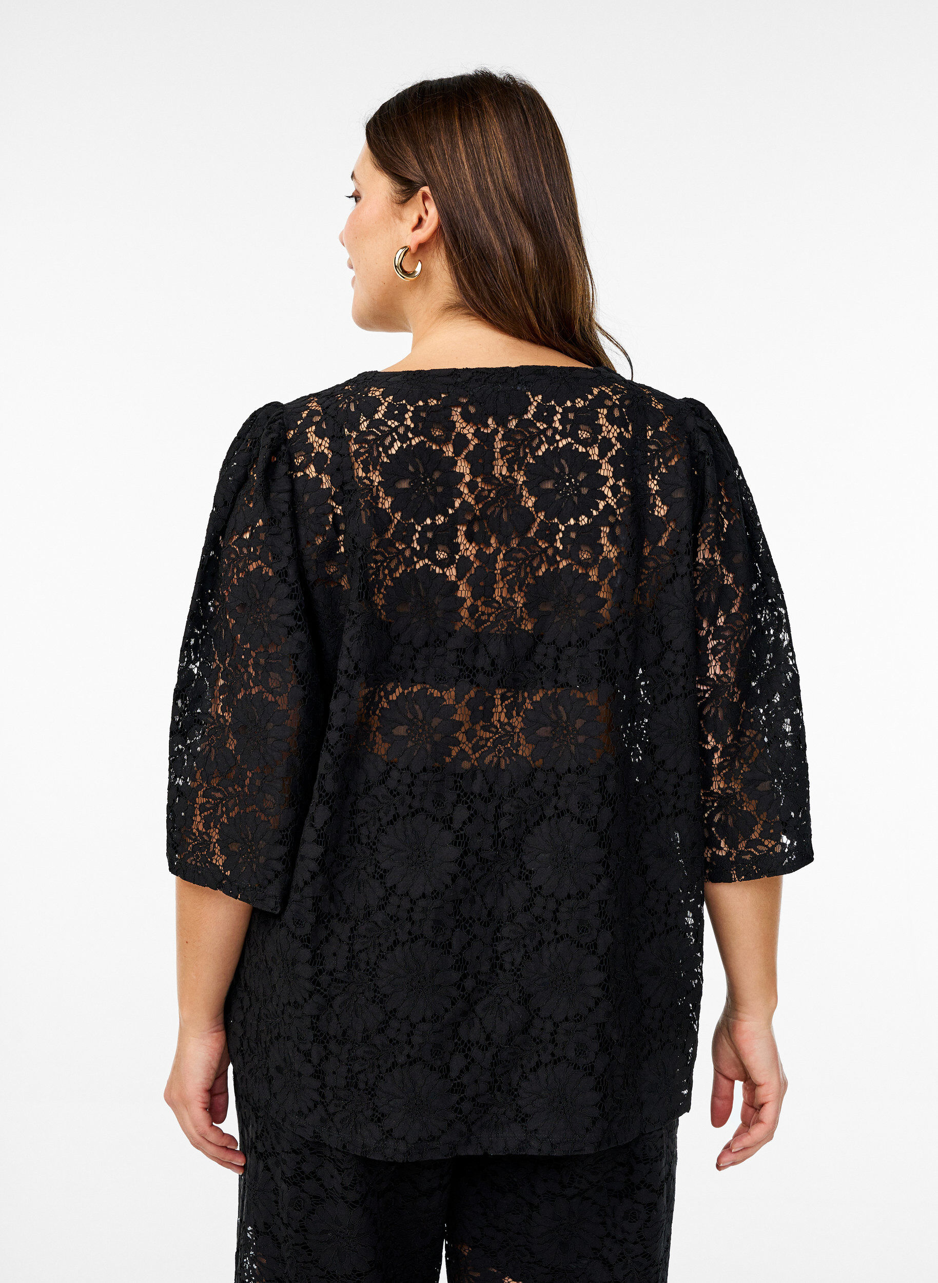 Zizzifashion Lace blouse with 3/4 sleeves and bows on the front, Black, Model image number 2