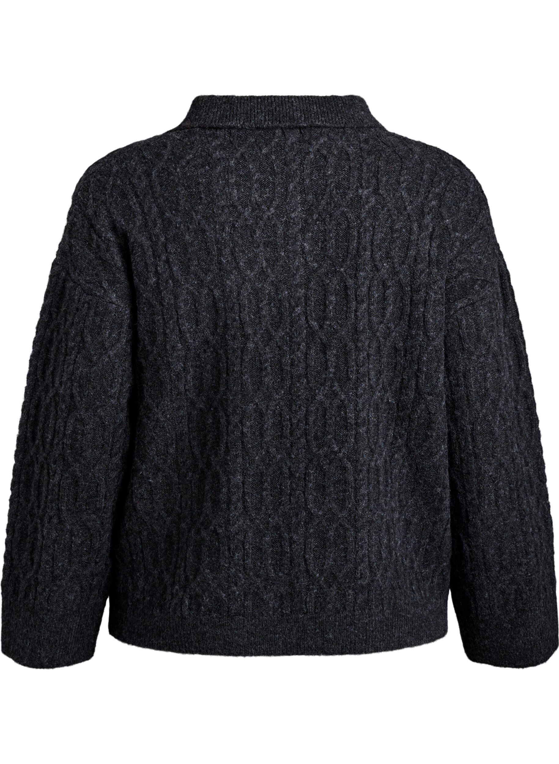 Zizzifashion Cable knit sweater with polo collar, Dark Grey, Packshot image number 1