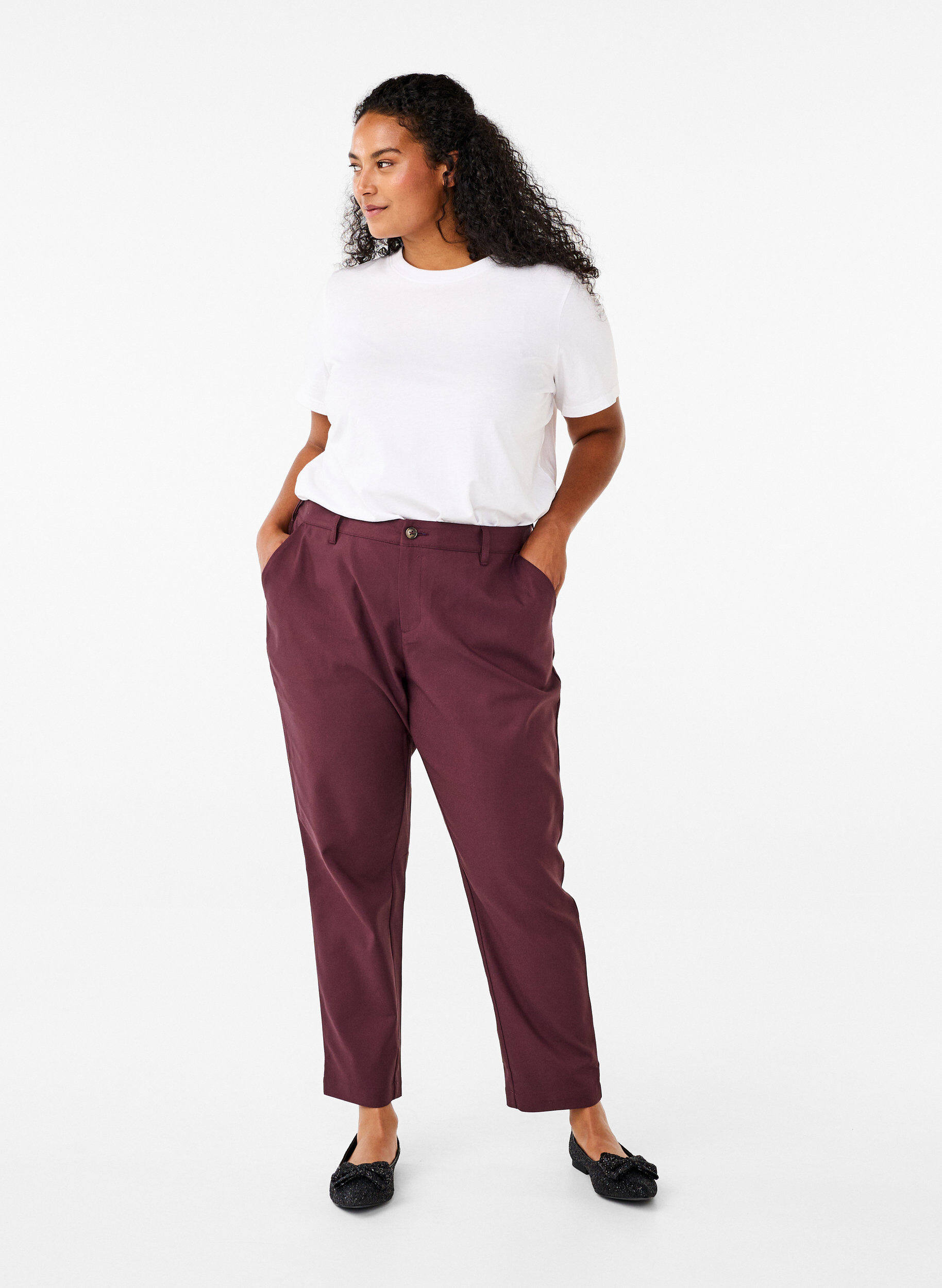 Zizzifashion High-waisted trousers with straight legs, Dark Bordeaux, Model image number 0