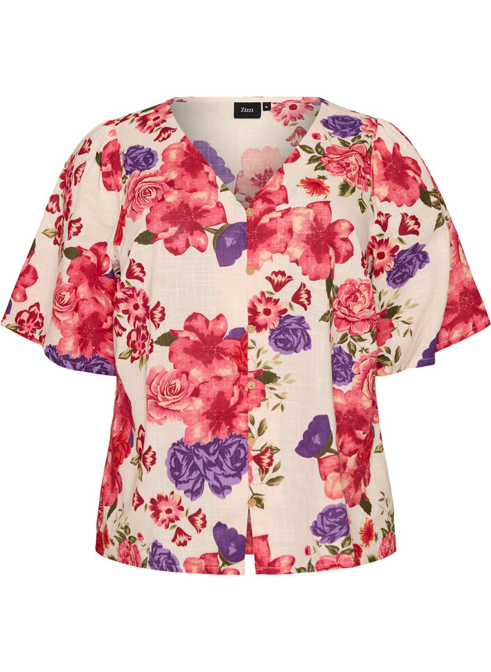 Short-sleeved cotton shirt with a V-neck, Red, Packshot image number 0