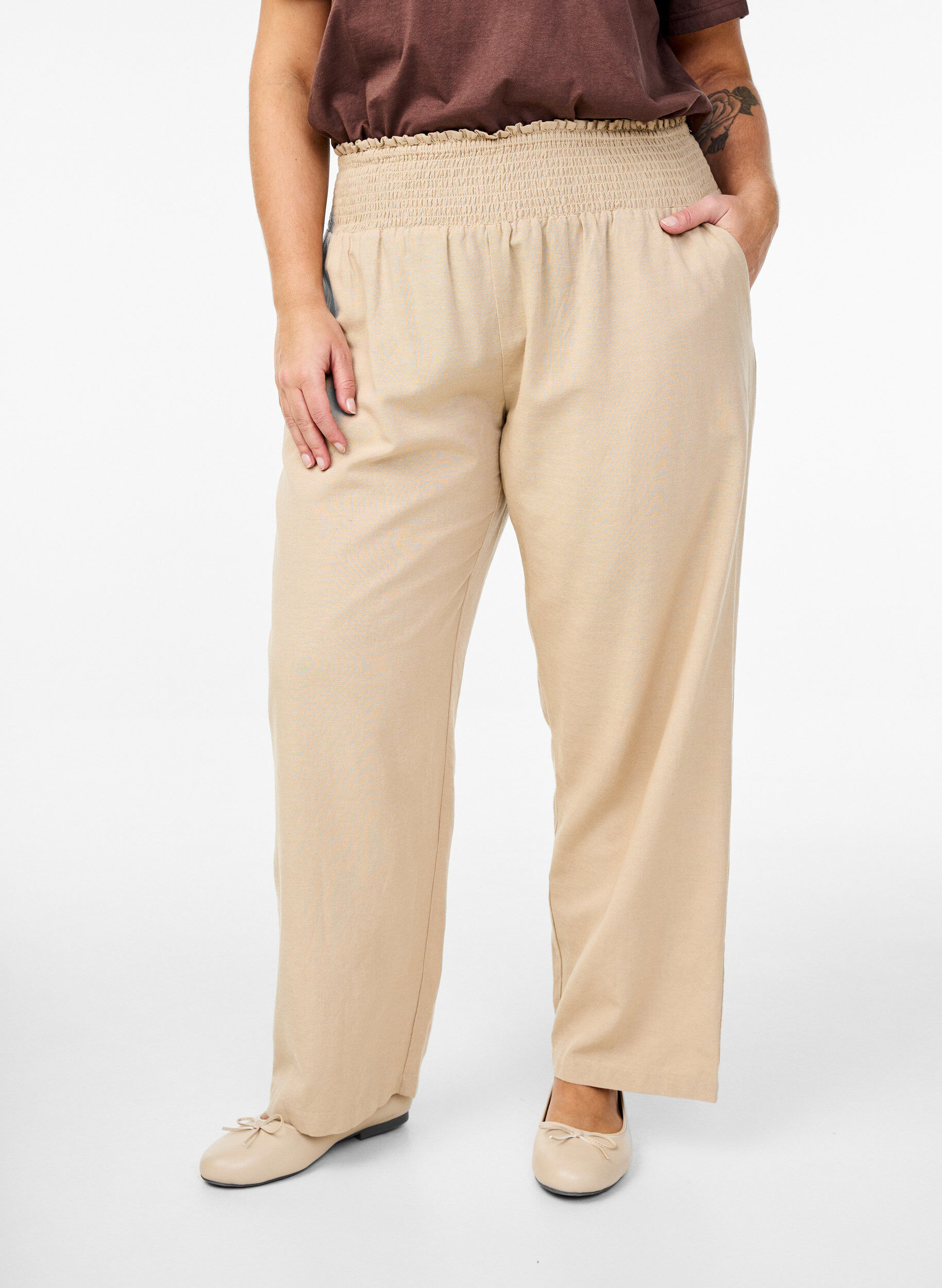 Zizzifashion Smock pants with linen, Beige, Model image number 2