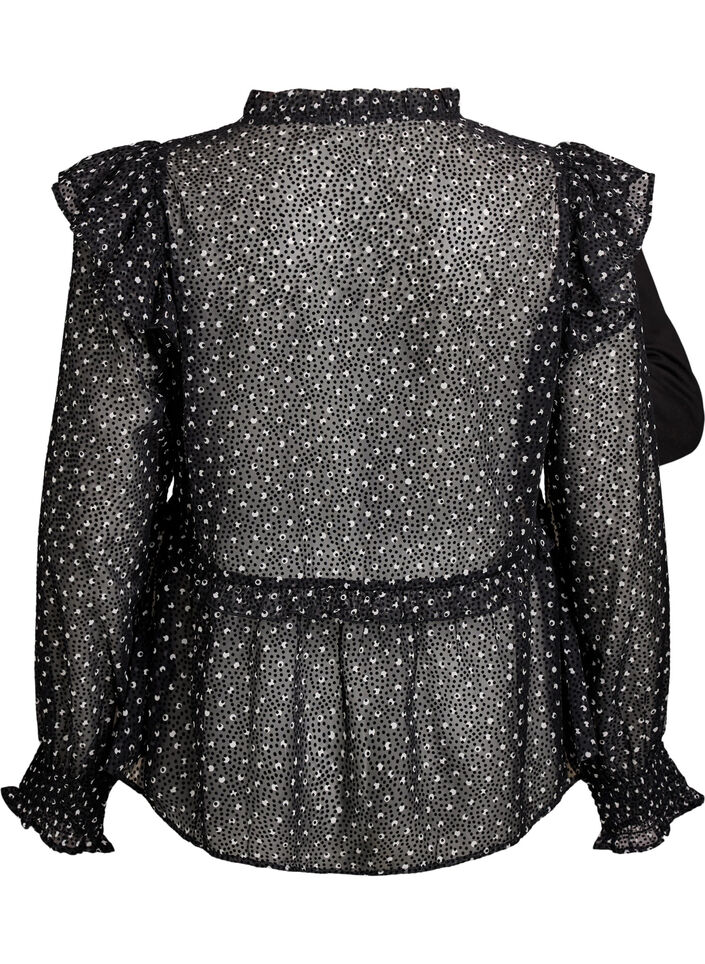 Chiffon blouse with ruffle details and small dots, Black, Packshot image number 1